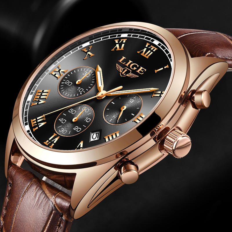 Lige 9852 Pantalla Luminosa Impermeable Reloj De Pulsera Para Hombre Reloj De Cuarzo Con Correa De Cuero De Moda