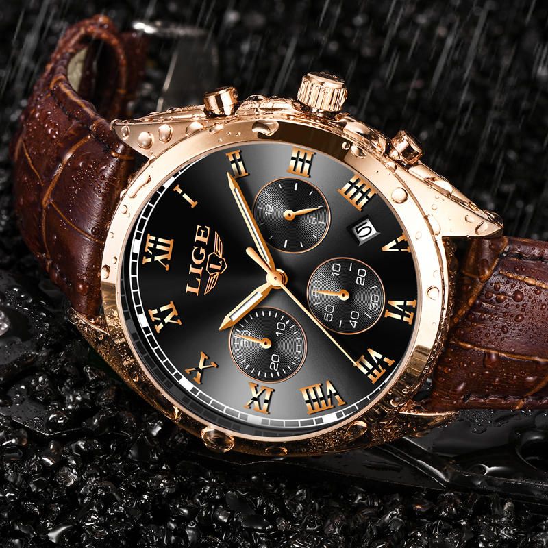 Lige 9852 Pantalla Luminosa Impermeable Reloj De Pulsera Para Hombre Reloj De Cuarzo Con Correa De Cuero De Moda