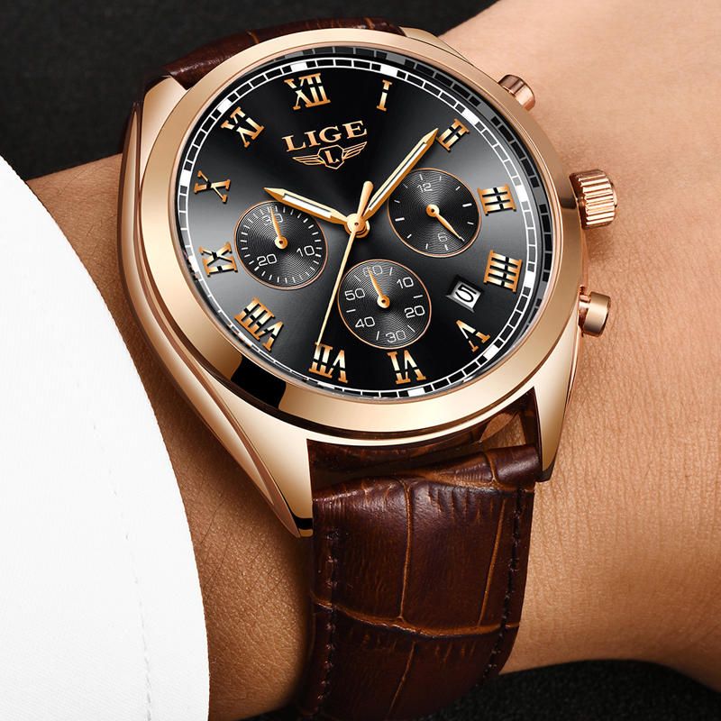 Lige 9852 Pantalla Luminosa Impermeable Reloj De Pulsera Para Hombre Reloj De Cuarzo Con Correa De Cuero De Moda