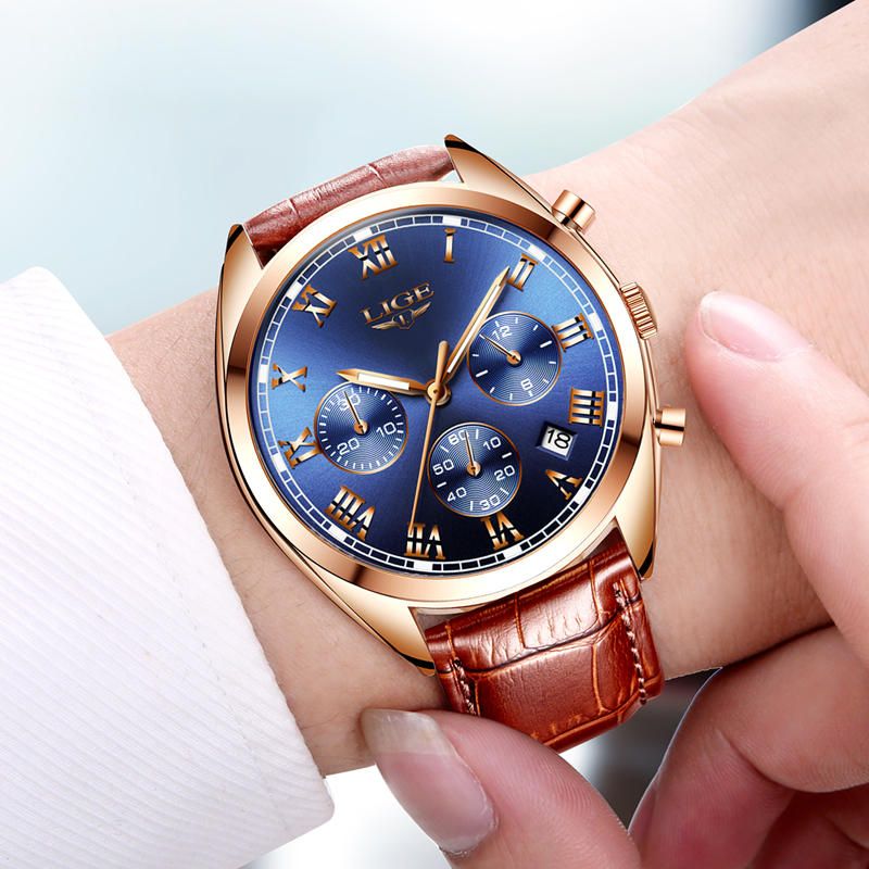 Lige 9852 Pantalla Luminosa Impermeable Reloj De Pulsera Para Hombre Reloj De Cuarzo Con Correa De Cuero De Moda