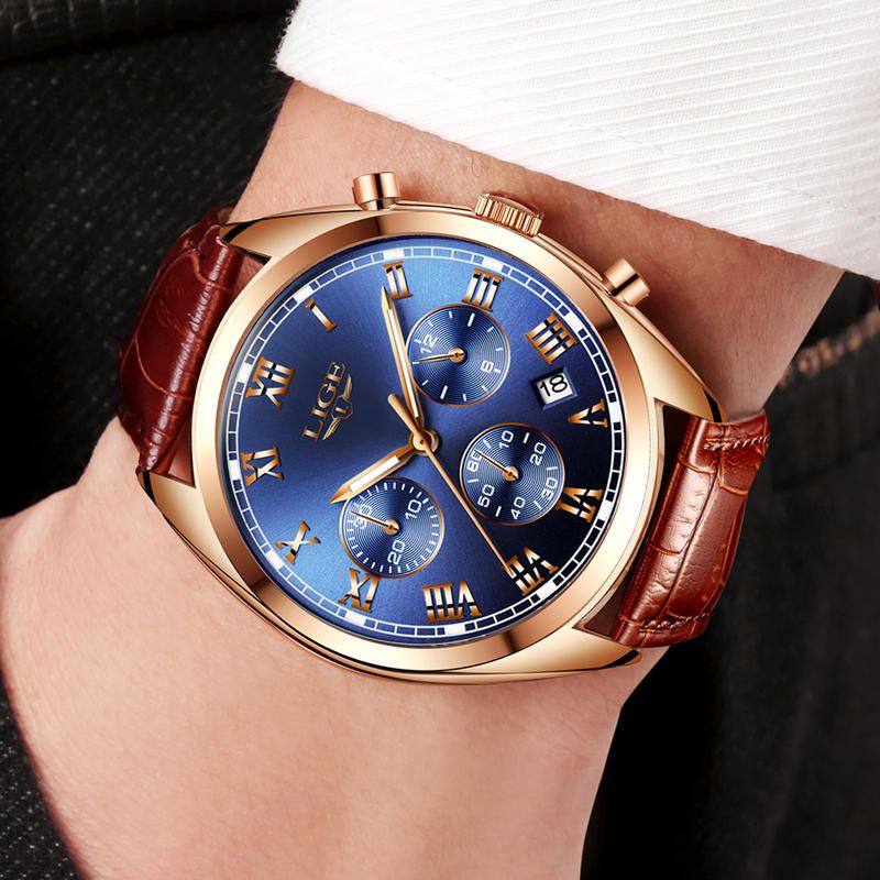 Lige 9852 Pantalla Luminosa Impermeable Reloj De Pulsera Para Hombre Reloj De Cuarzo Con Correa De Cuero De Moda