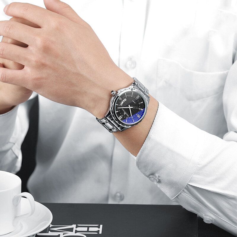 Reloj De Cuarzo Para Hombre De Estilo Empresarial Con Visualización De Fecha Y Correa De Acero Completa De Moda