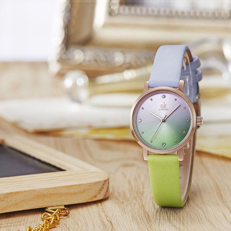 Shengke Sk K8029 Moda Color Degradado Correa De Cuero Reloj De Cuarzo Con Esfera De Cristal Para Mujer De Lujo