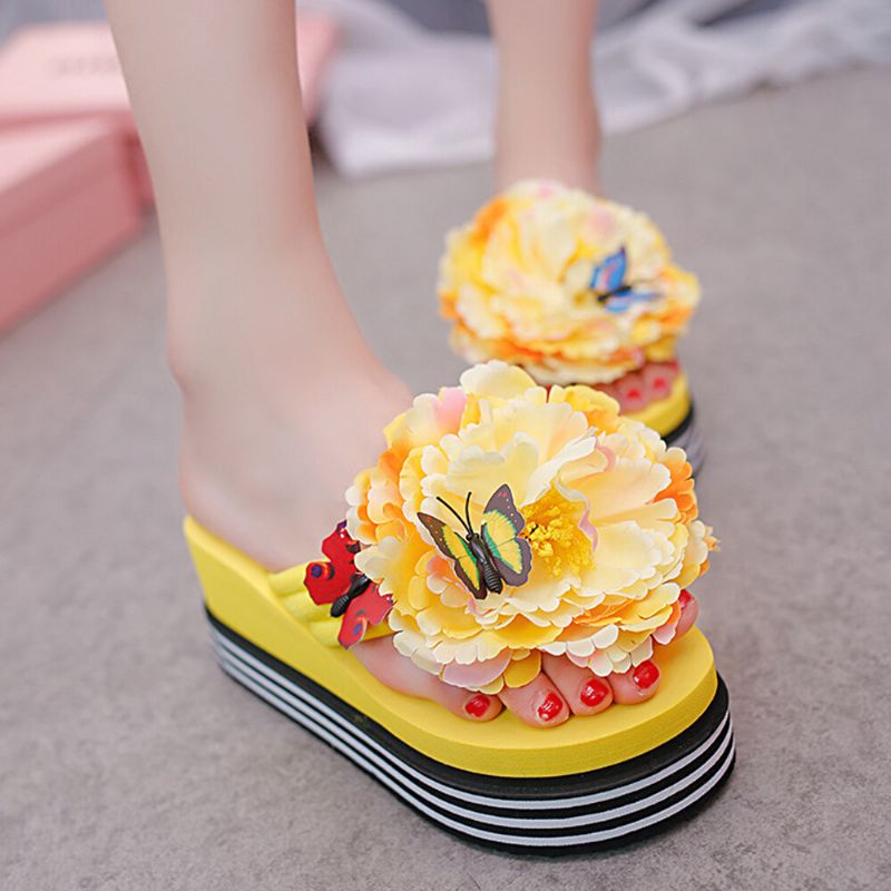 Mujeres Flores Mariposa Decoración Clip Toe Plataforma De Playa Zapatillas