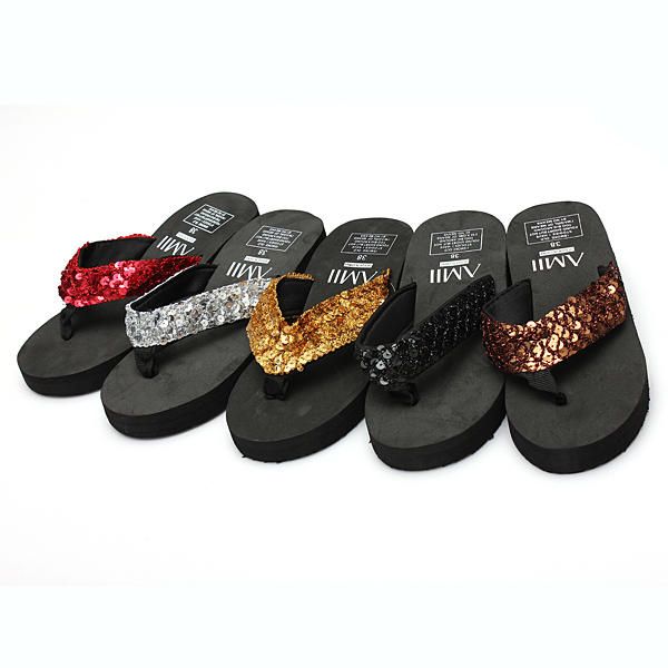 Sandalias De Cuña Con Chanclas De Playa De Verano Con Lentejuelas Para Mujer